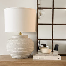 Load image into Gallery viewer, Mediterranean Lamp by Impreshens _ Australian Made _ Taupe Stone + Linen Drum Shade