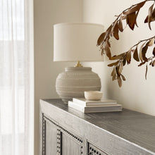 Load image into Gallery viewer, Mediterranean Lamp by Impreshens _ Australian Made _ Taupe Stone + Linen Drum Shade