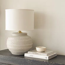 Load image into Gallery viewer, Mediterranean Lamp by Impreshens _ Australian Made _ Taupe Stone + Linen Drum Shade