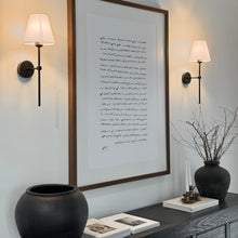 Load image into Gallery viewer, American Farmhouse Wall Light _ Iron _ Black + White Linen Shade