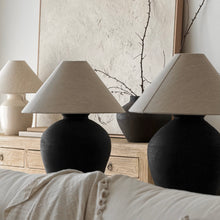 Load image into Gallery viewer, Oriental Lamp by Impreshens _ Stone Grey/Black + Natural Linen Empire Shade