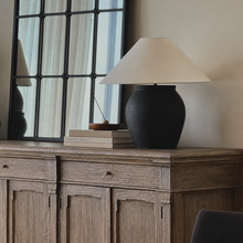 Load image into Gallery viewer, Antique Zen Lamp by Impreshens _ Rustic Black + White Linen Shade