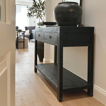 Load image into Gallery viewer, Provincial Console _ 120cm _ Two Drawer + Shelf _ Rustic Black
