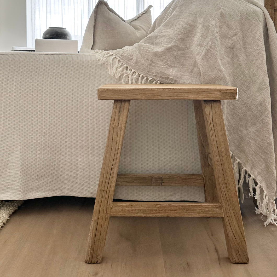 Antique Worker Stool | Rectangle | Aged Elm