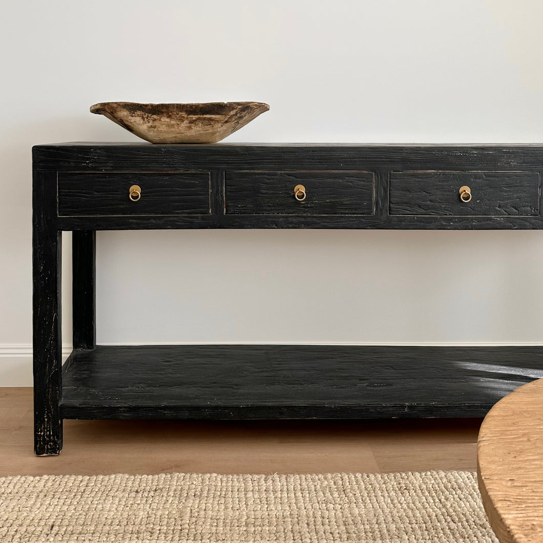 Provincial Console _ 190cm _ Four Drawer + Shelf _ Distressed Black