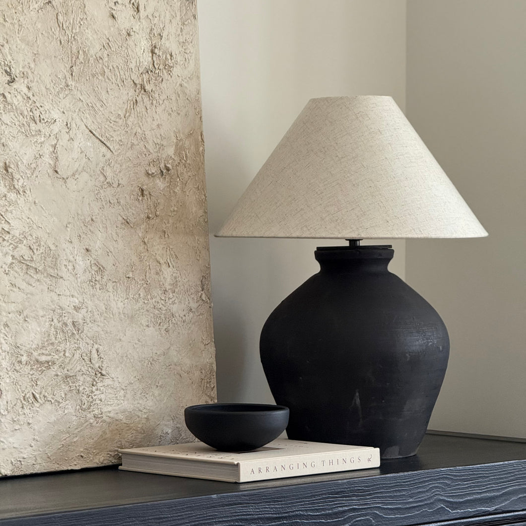 Oriental Lamp by Impreshens _ Stone Grey/Black + Natural Linen Empire Shade