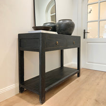 Load image into Gallery viewer, Provincial Console _ 120cm _ Two Drawer + Shelf _ Rustic Black
