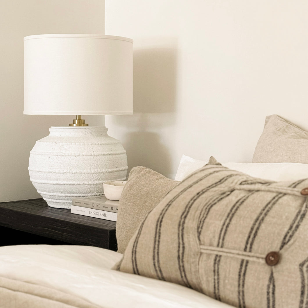 Mediterranean Lamp by Impreshens _ Australian Made _ Rustic White + White Linen Drum Shade