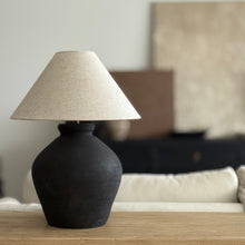 Load image into Gallery viewer, Oriental Lamp by Impreshens _ Stone Grey/Black + Natural Linen Empire Shade
