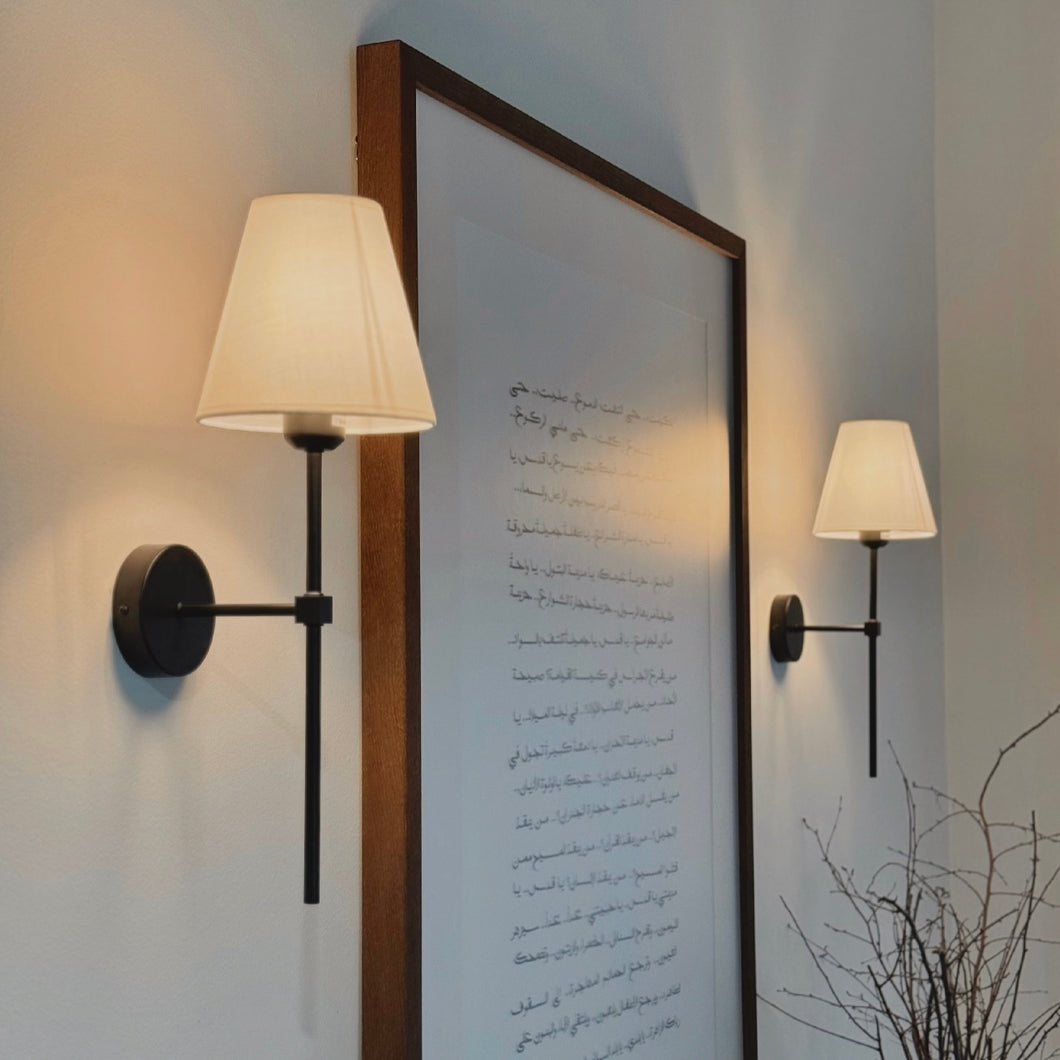 American Farmhouse Wall Light _ Iron _ Black + White Linen Shade