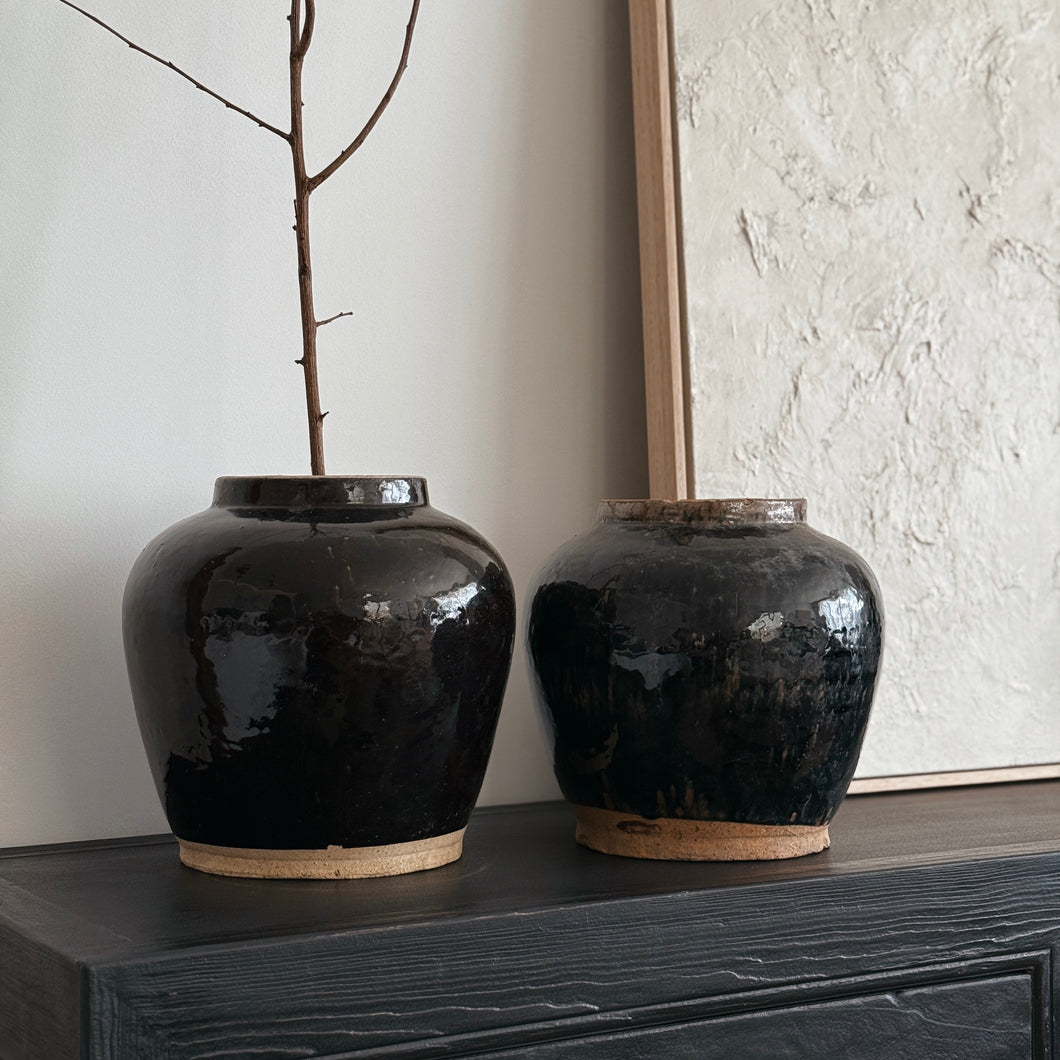 Antique Glazed Pottery _ Black + Beige