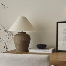 Load image into Gallery viewer, Zarah Lamp by Impreshens _ Greige Base + Ivory Linen Empire Shade
