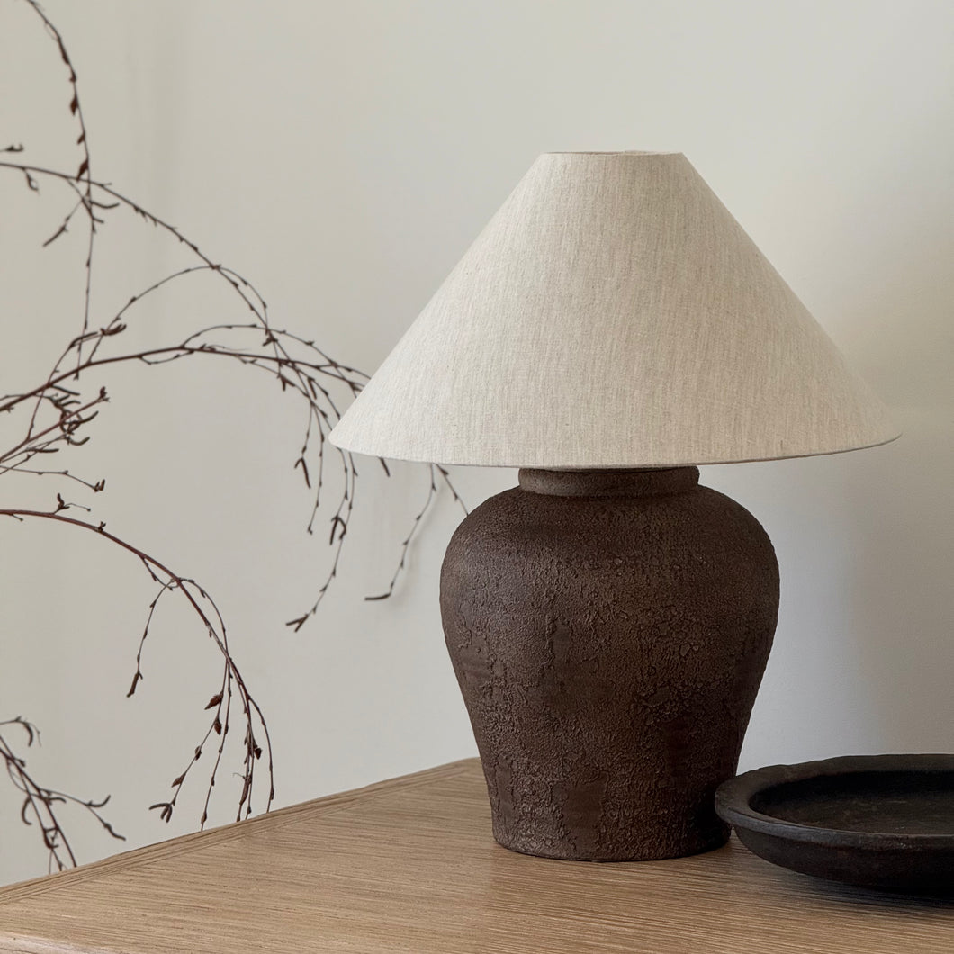 Amara Lamp by Impreshens _ Taupe Brown + Natural Linen Empire Shade