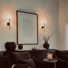 Load image into Gallery viewer, American Farmhouse Wall Light _ Iron _ Black + White Linen Shade
