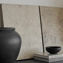 Load image into Gallery viewer, Decorative Art with a texture, black vase, books and Pot on a wooden surface.
