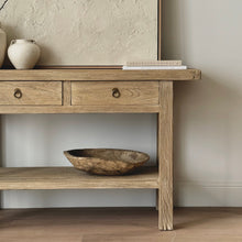 Load image into Gallery viewer, Wooden console table with a bowl and books against a neutral wall.
