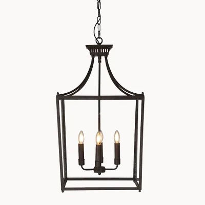 French Country Lantern Chandelier | Black Iron | Glass